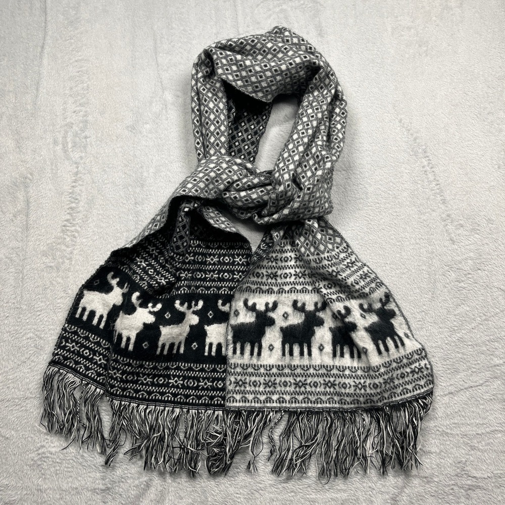 Fair Isle Moose Scarf Reversable Black White Fleece Fringed Winter Soft